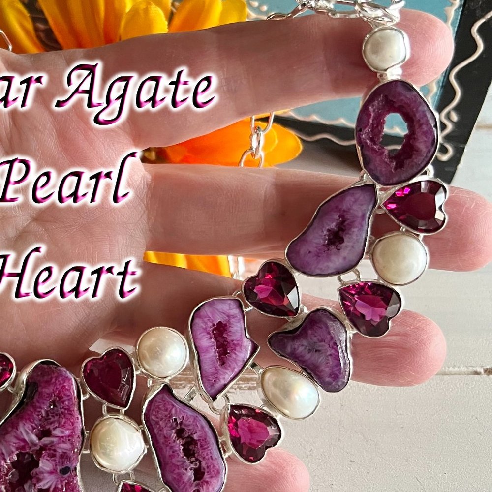 Solar Agate Pearl Heart Necklace Handmade Stone Gemstone 925 Silver Large Ethnic - Picture 5 of 15